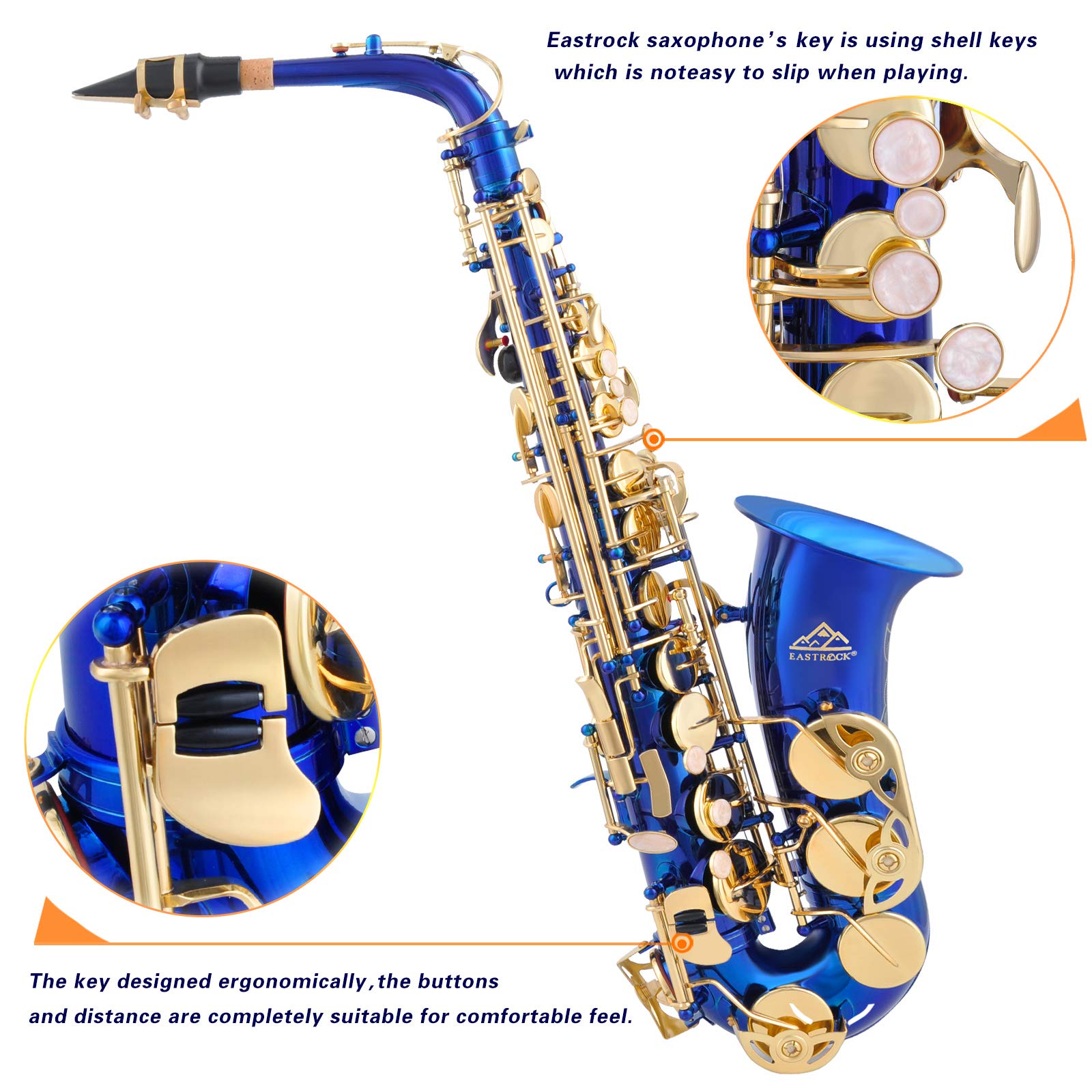 EASTROCK Dark Blue/Golden Alto Saxophone E Flat Sax Full Kit for Students Beginner with Carrying Case,Mouthpiece,Mouthpiece Cush